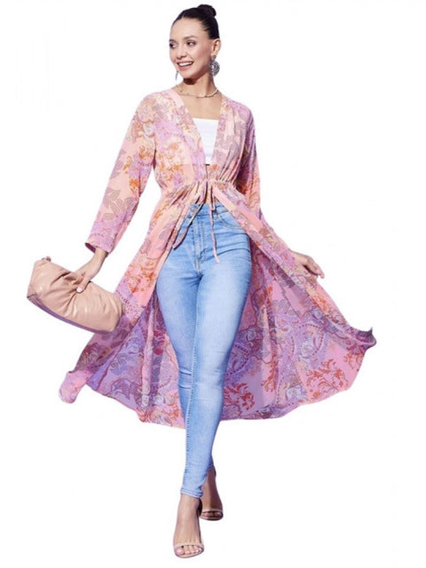 Generic Women's Polyester Floral Long Sleeves Shrug (Peach)