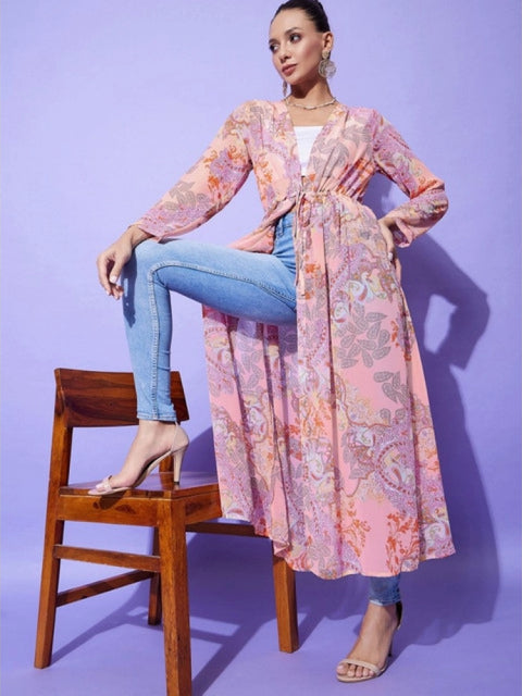 Generic Women's Polyester Floral Long Sleeves Shrug (Peach)