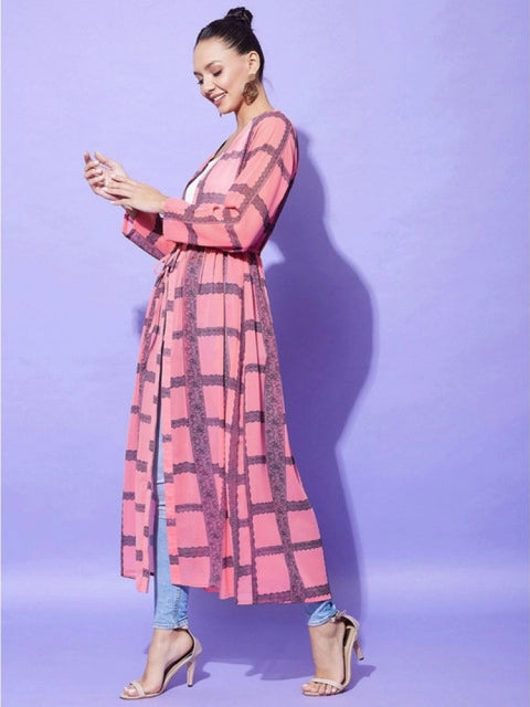 Generic Women's Polyester Check Long Sleeves Shrug (Pink)