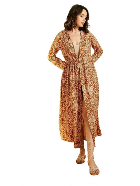 Generic Women's Polyester Floral Long Sleeves Shrug (Brown)