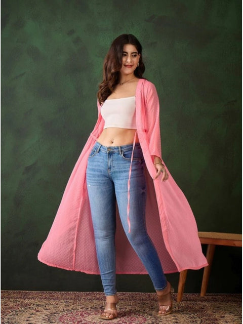 Generic Women's Chiffon Self Design Long Sleeves Shrug (Pink)