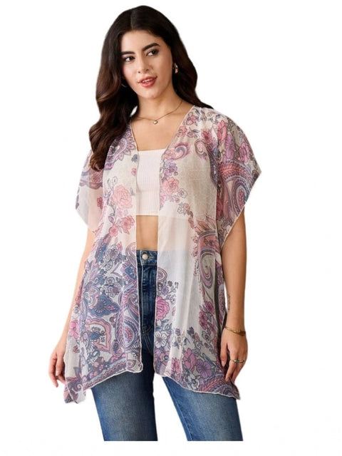 Generic Women's Chiffon Printed Short Sleeves Shrug (White - Purple)