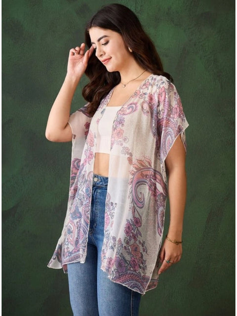Generic Women's Chiffon Printed Short Sleeves Shrug (White - Purple)