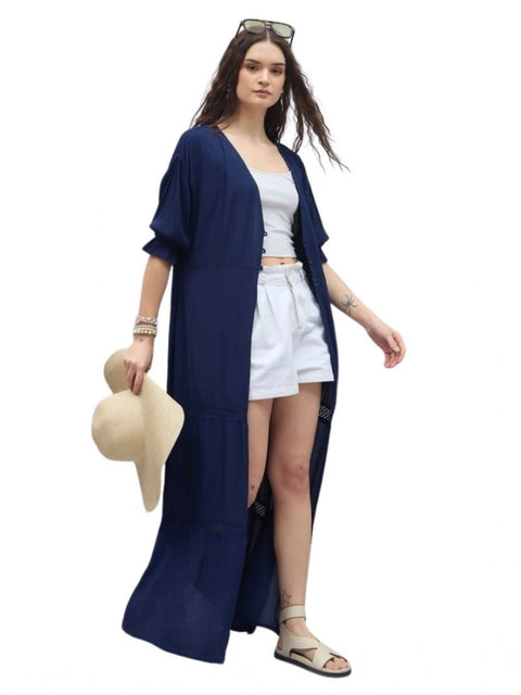 Generic Women's Rayon Crepe Lace Inserts 3-4th Sleeve Shrug (Navy)