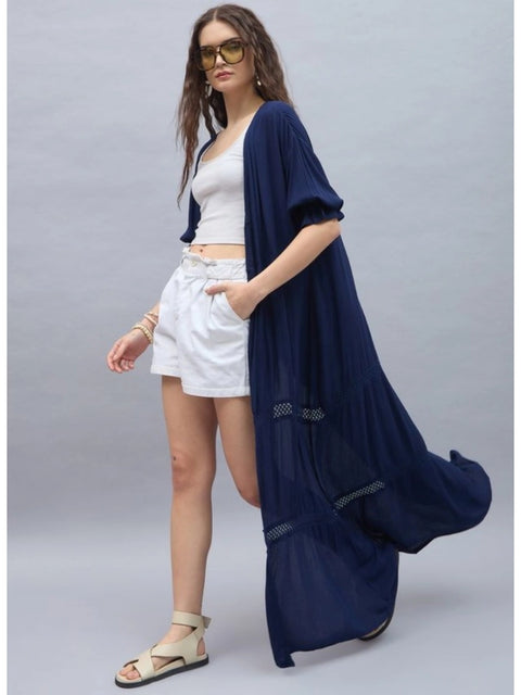 Generic Women's Rayon Crepe Lace Inserts 3-4th Sleeve Shrug (Navy)