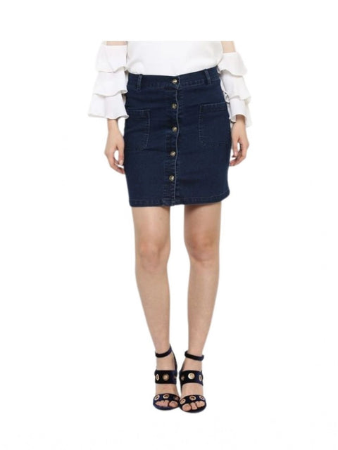Generic Women's Denim Front Button Buttoned Skirt (Blue)
