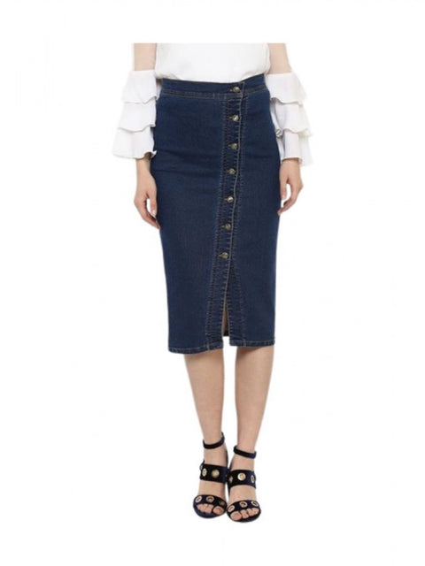 Generic Women's Denim Front Button Buttoned Skirt (Blue)