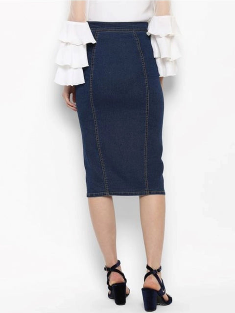 Generic Women's Denim Front Button Buttoned Skirt (Blue)