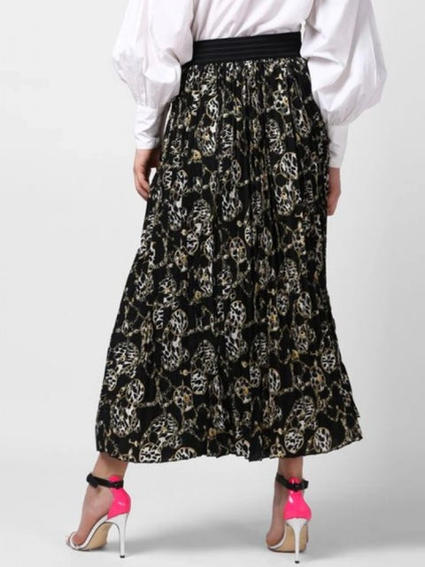 Generic Women's Georgette Chain Print Elasticated Skirt (Black-Cream)