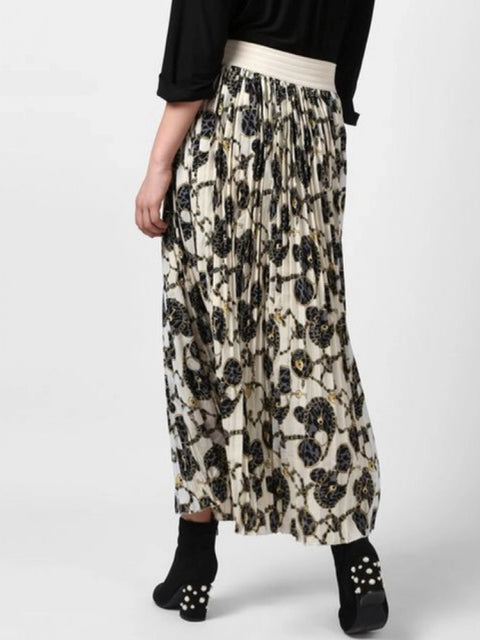 Generic Women's Georgette Chain Print Elasticated Skirt (Cream-Black)