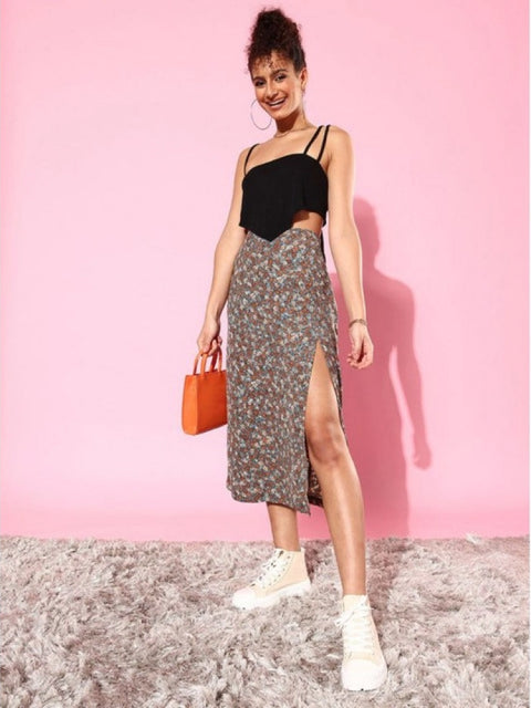 Generic Women's Polyester Floral Side Zip Skirt (Grey - Coral)