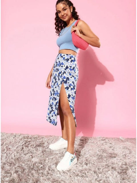 Generic Women's Polyester Floral Side Zip Skirt (Blue - White)