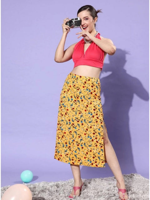 Generic Women's Polyester Floral Side Zip Skirt (Multicolor)