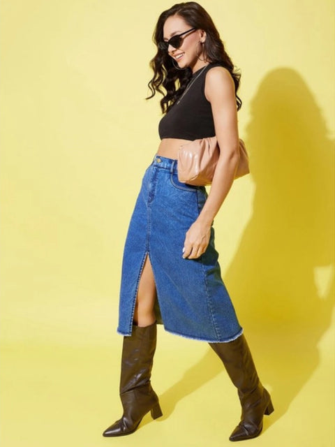 Generic Women's Denim Solid Buttoned Skirt (Blue)