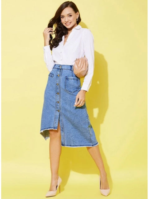 Generic Women's Denim Hi Lo Buttoned Skirt (Blue)