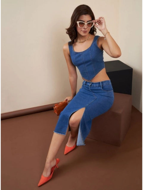 Generic Women's Denim Lycra Solid Button Skirt (Blue)