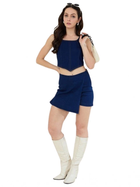 Generic Women's Denim Lycra Solid Zip Closure Skorts (Navy)