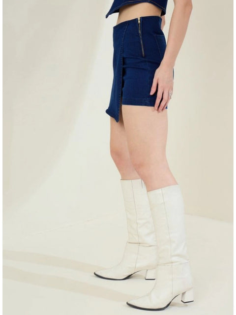 Generic Women's Denim Lycra Solid Zip Closure Skorts (Navy)