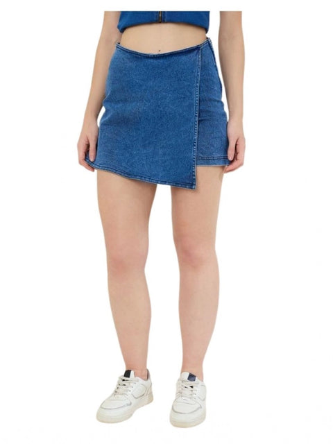 Generic Women's Denim Lycra Solid Zip Closure Skorts (Blue)