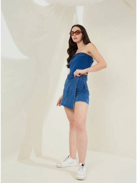 Generic Women's Denim Lycra Solid Zip Closure Skorts (Blue)