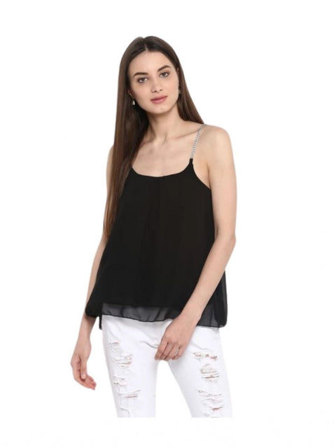 Generic Women's Polyester Embellished Shoulder Straps Top (Black)