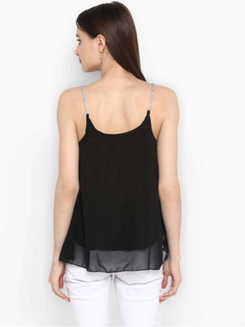 Generic Women's Polyester Embellished Shoulder Straps Top (Black)