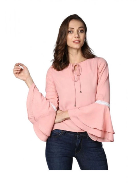 Generic Women's Polyester Solid Bell Sleeve Top (Pink)