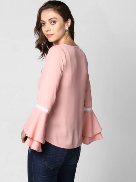 Generic Women's Polyester Solid Bell Sleeve Top (Pink)