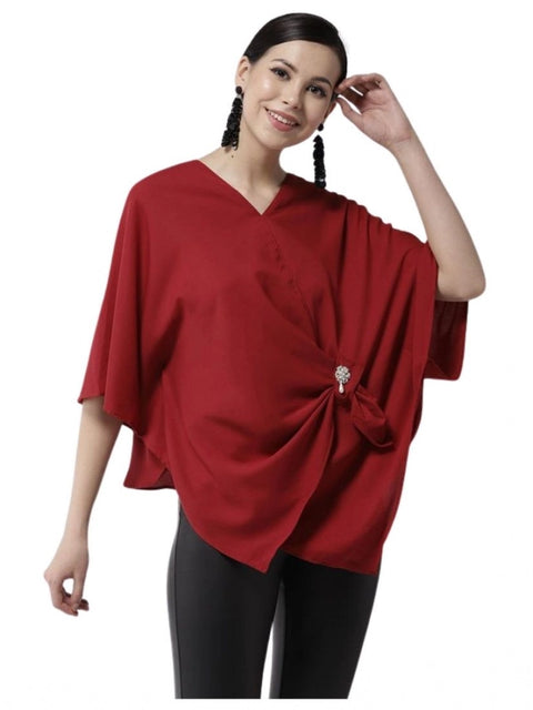 Generic Women's Polyester Solid Cape Sleeve Top (Red)