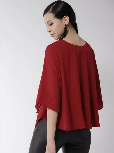 Generic Women's Polyester Solid Cape Sleeve Top (Red)