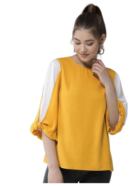 Generic Women's Polyester Colour Block Slit Sleeve Top (Yellow-White)