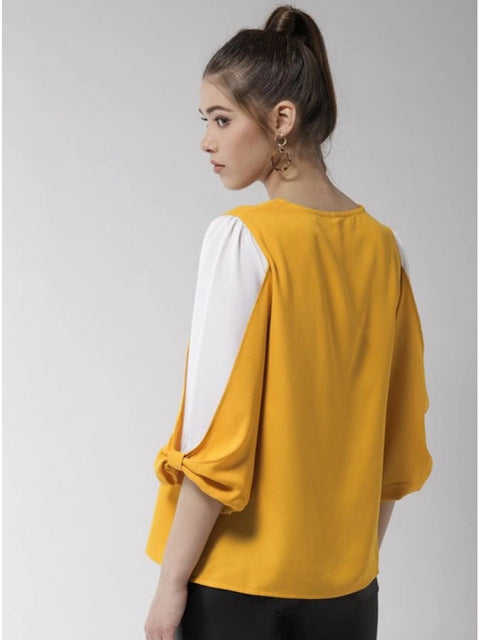 Generic Women's Polyester Colour Block Slit Sleeve Top (Yellow-White)