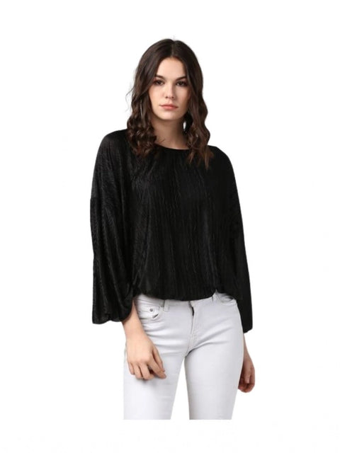 Generic Women's Polyester Pleated Balloon Sleeve Top (Black)