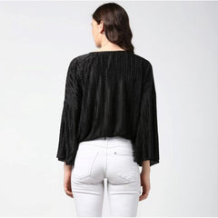 Generic Women's Polyester Pleated Balloon Sleeve Top (Black)