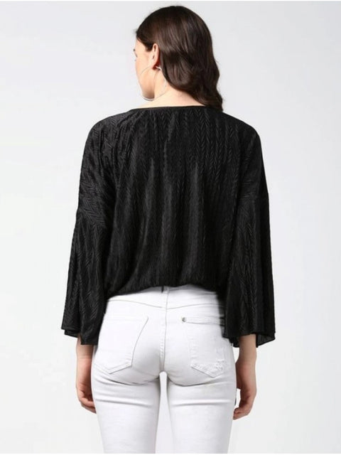 Generic Women's Polyester Pleated Balloon Sleeve Top (Black)