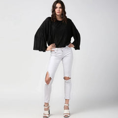 Generic Women's Polyester Pleated Balloon Sleeve Top (Black)