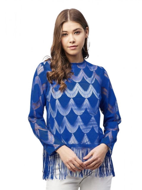 Generic Women's Lace Self Design Long Sleeves Top (Blue)