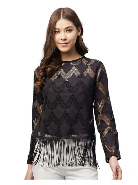 Generic Women's Lace Self Design Short Sleeve Top (Black)