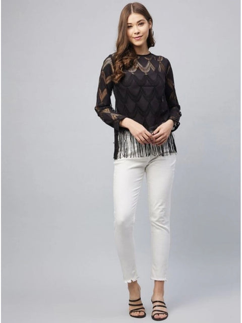 Generic Women's Lace Self Design Short Sleeve Top (Black)