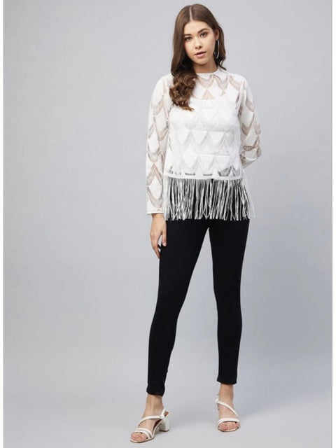 Generic Women's Lace Self Design Short Sleeve Top (White)