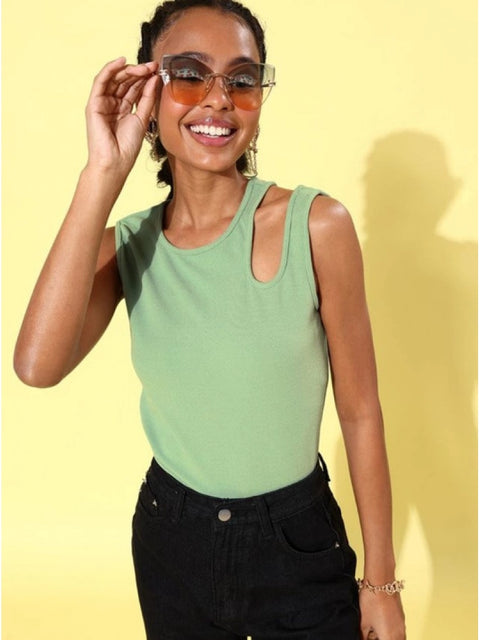 Generic Women's Polyester Lycra Solid Sleeveless Top (Green)