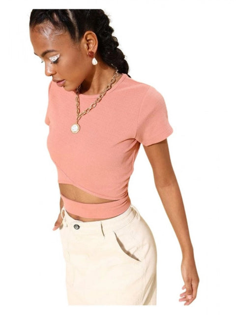 Generic Women's Polyester Lycra Solid Short Sleeve Top (Pink)