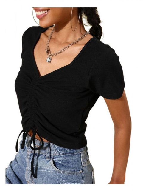 Generic Women's Polyester Lycra Solid Short Sleeve Top (Black)