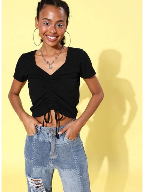 Generic Women's Polyester Lycra Solid Short Sleeve Top (Black)