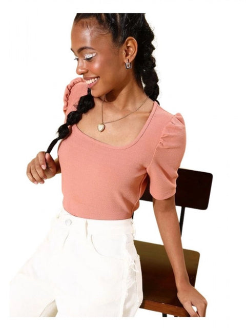 Generic Women's Polyester Lycra Solid Short Sleeve Top (Pink)