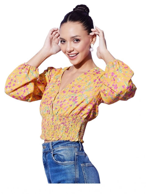 Generic Women's Polyester Floral Long Sleeves Top (Multicolor)