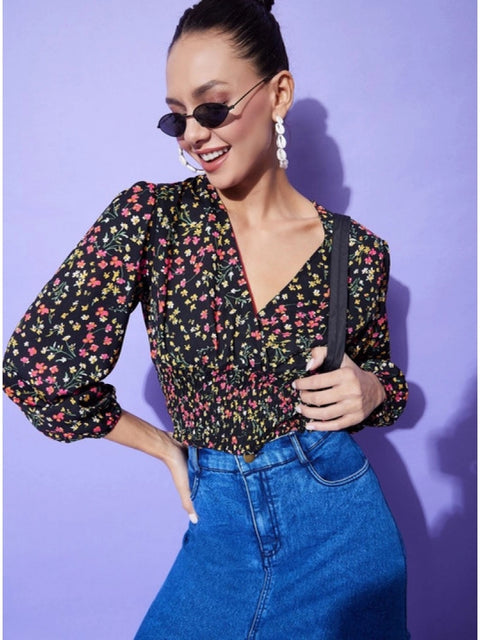 Generic Women's Polyester Floral Long Sleeves Top (Multicolor)