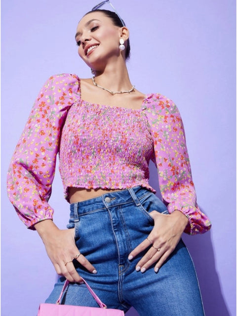Generic Women's Polyester Floral Long Sleeves Top (Multicolor)