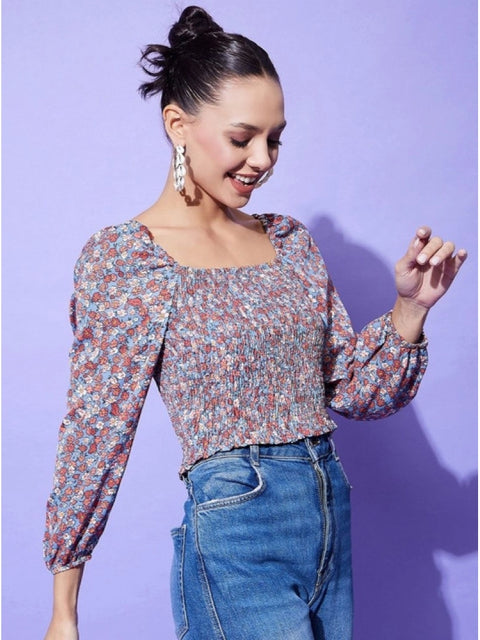 Generic Women's Polyester Floral Long Sleeves Top (Multicolor)