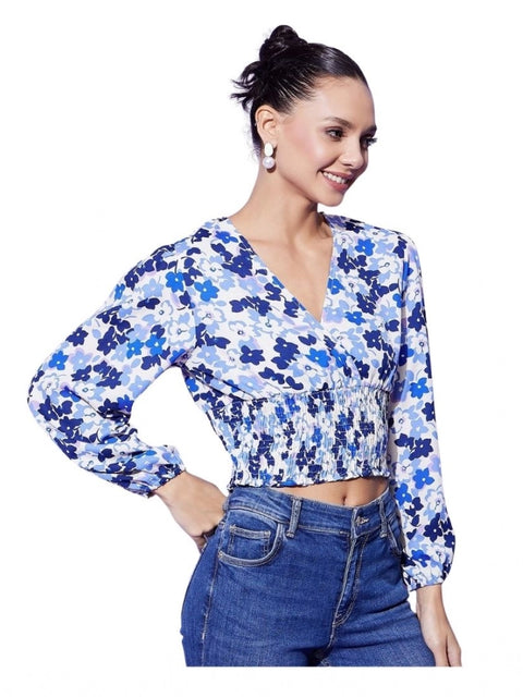 Generic Women's Polyester Floral Long Sleeves Top (Blue)